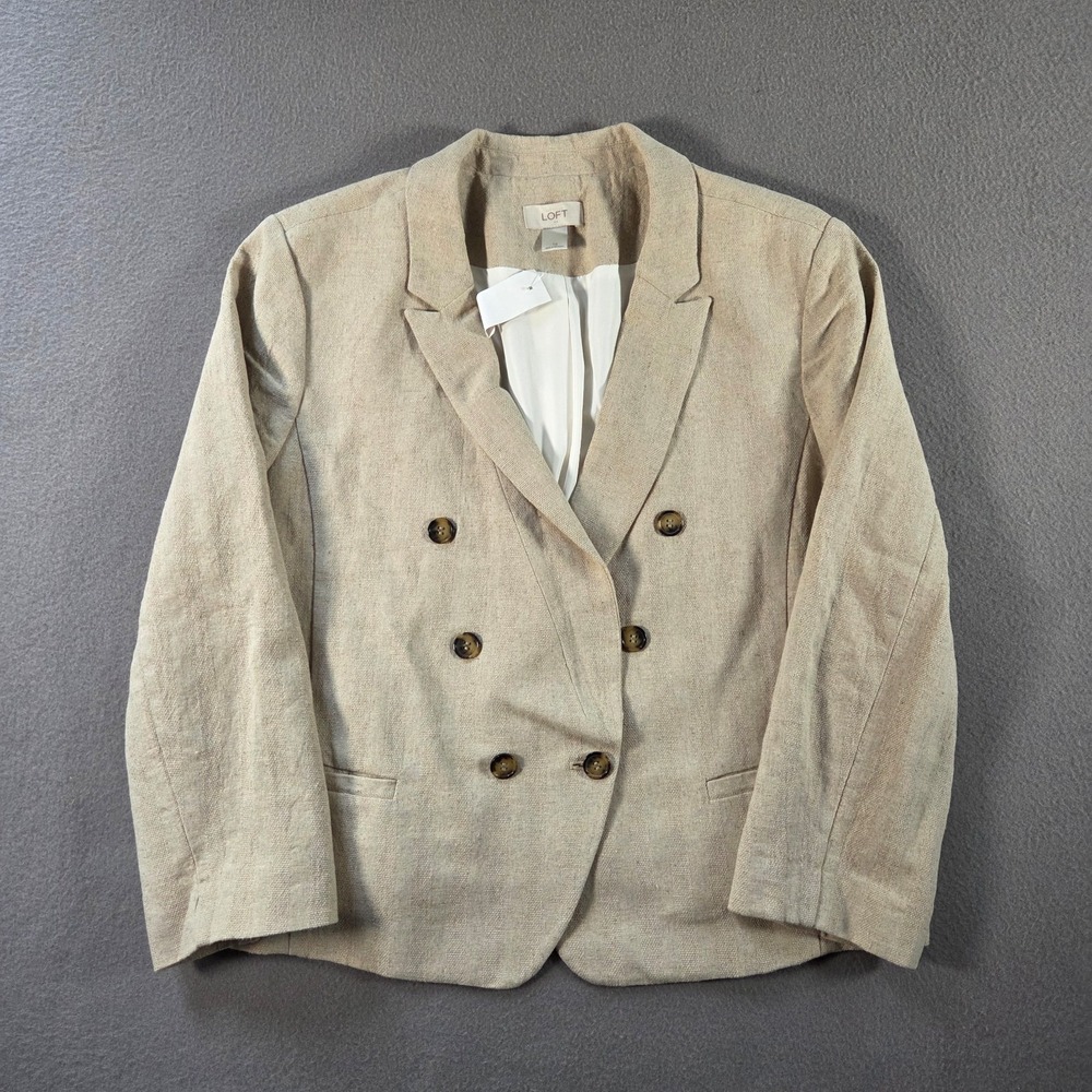 Ann Taylor Loft Blazer Womens 16 Beige Linen Blend Double Breasted Jacket NEW